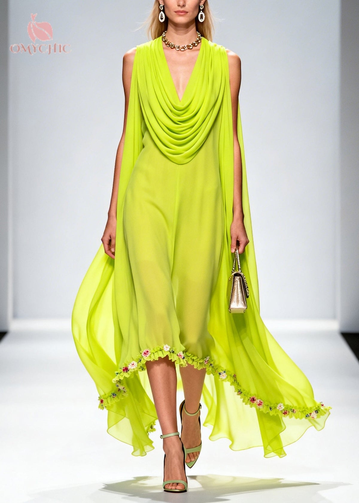 Sleeveless Cowl Neck Cape Wing Floral Trim High Low Chiffon Maxi Dress - View 3