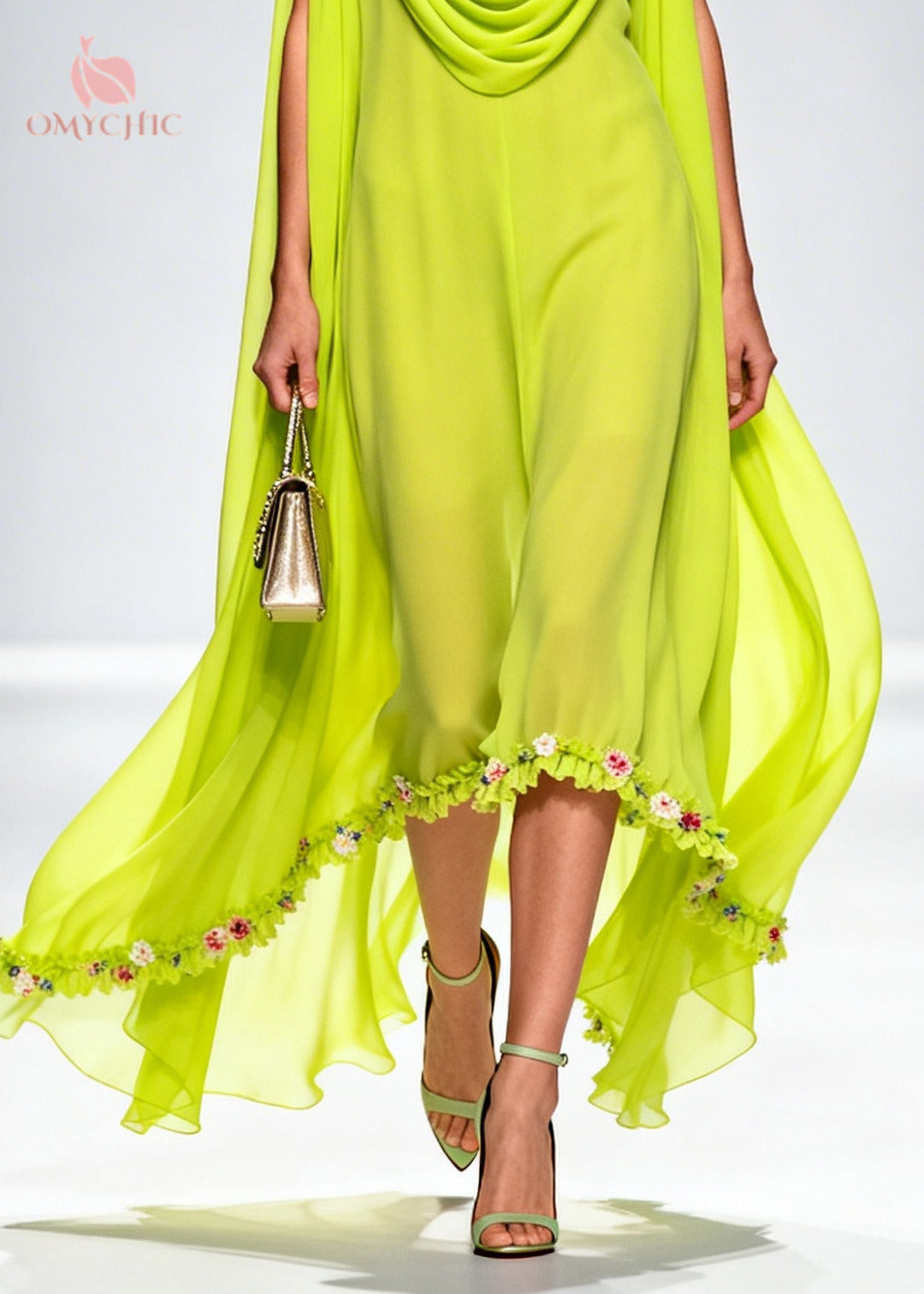Sleeveless Cowl Neck Cape Wing Floral Trim High Low Chiffon Maxi Dress - View 4