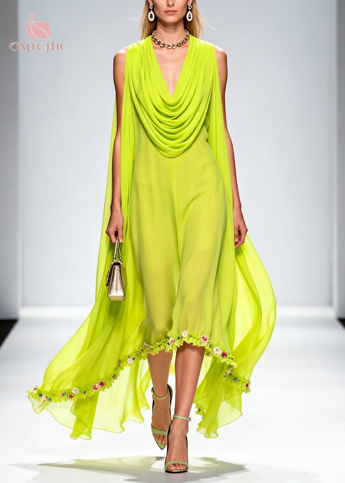 Sleeveless Cowl Neck Cape Wing Floral Trim High Low Chiffon Maxi Dress - View 5