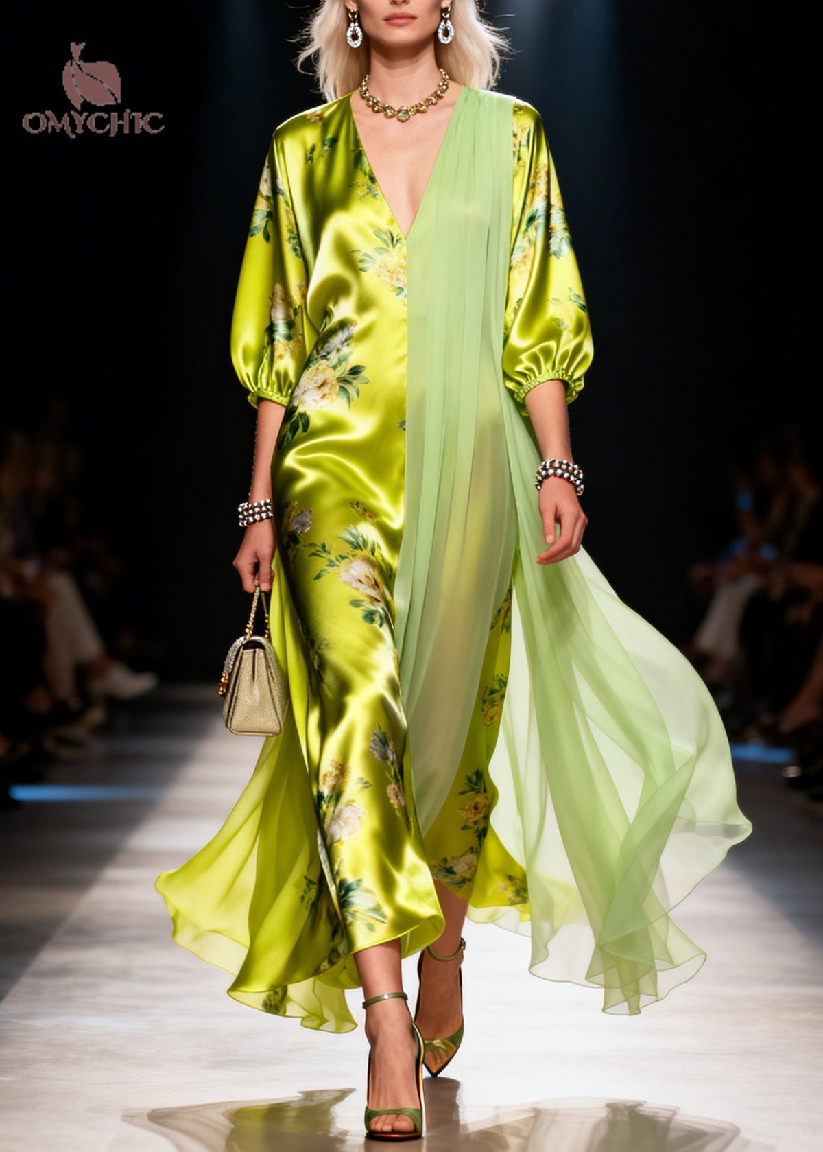 Floral Print Deep V-Neck Puff Sleeve Asymmetric Sheer Maxi Gown