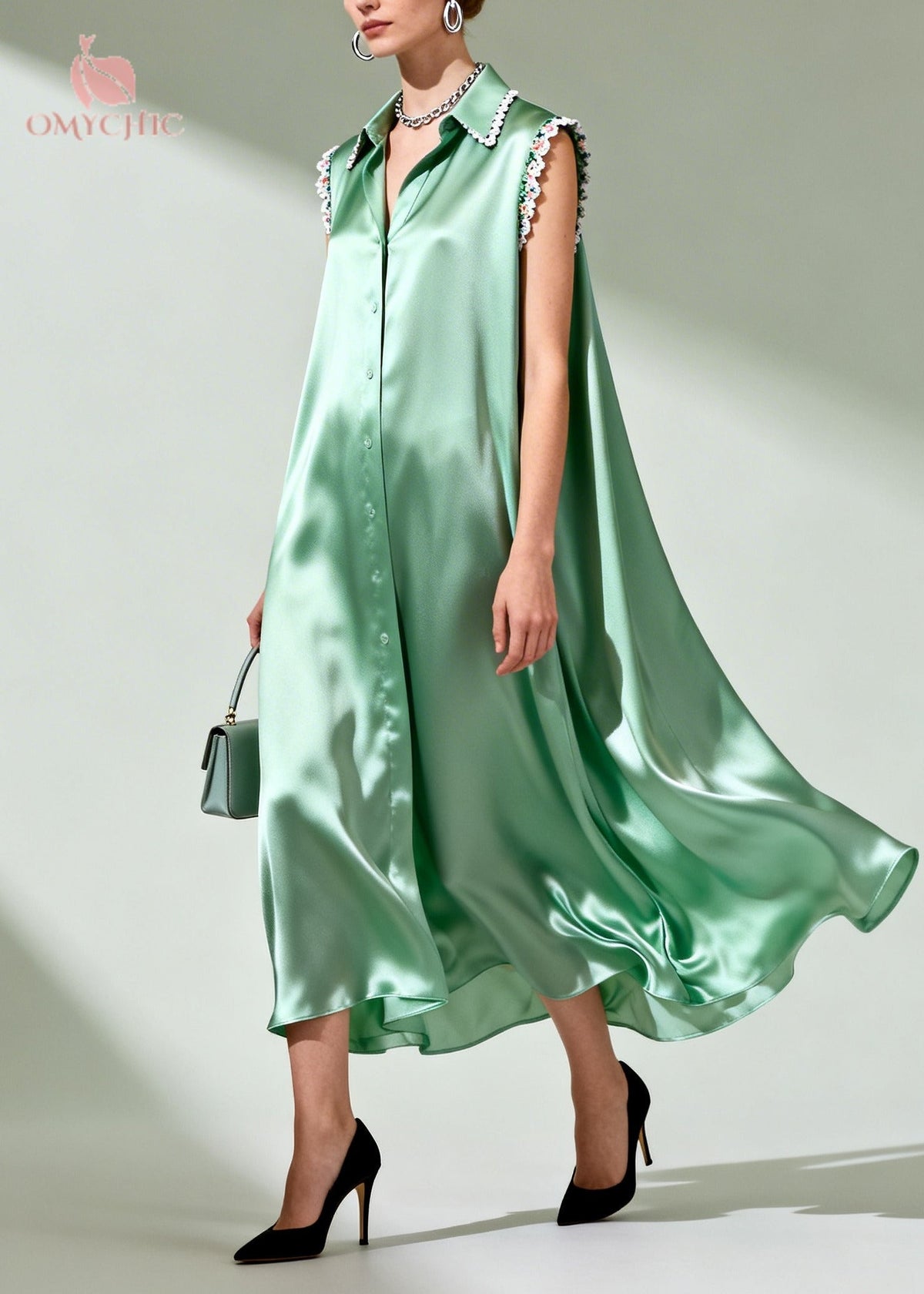 Satin Lace Trim Collar Button Down Sleeveless Shirt Maxi Dress
