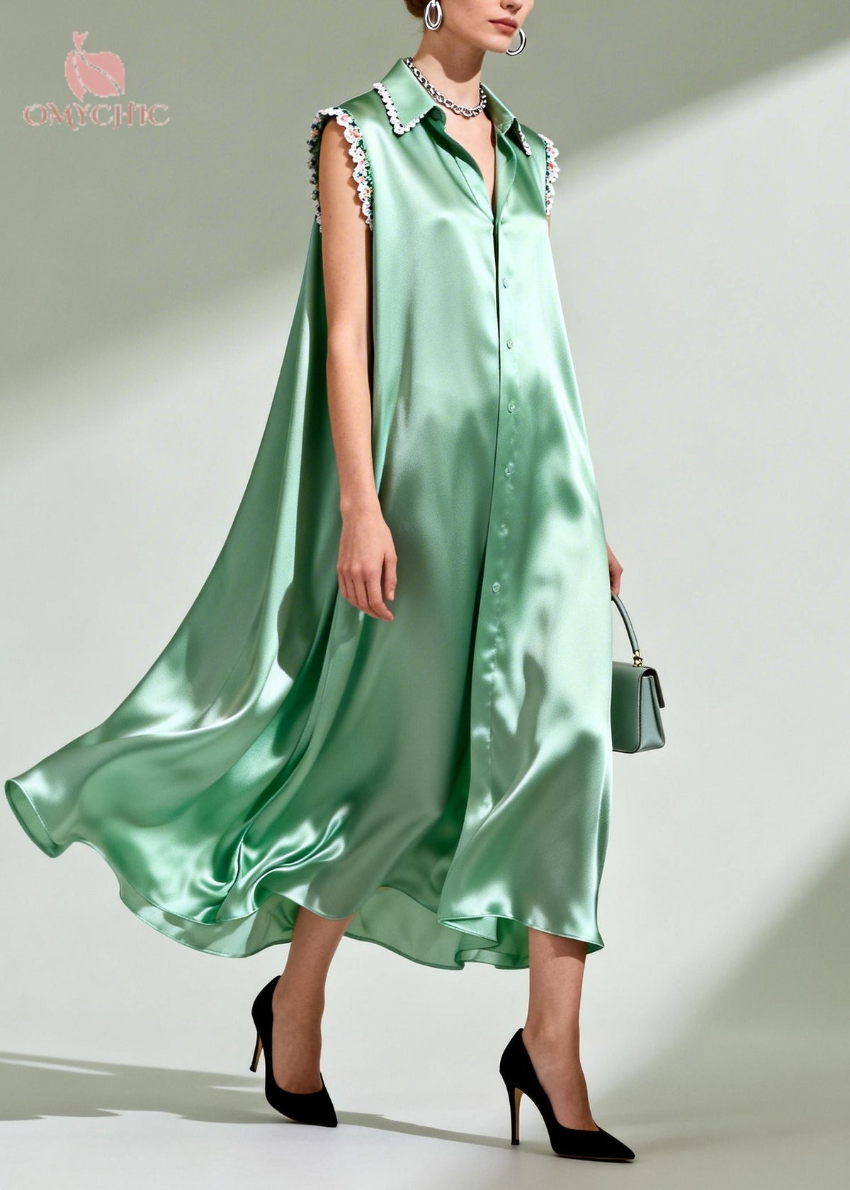 Satin Lace Trim Collar Button Down Sleeveless Shirt Maxi Dress - View 3