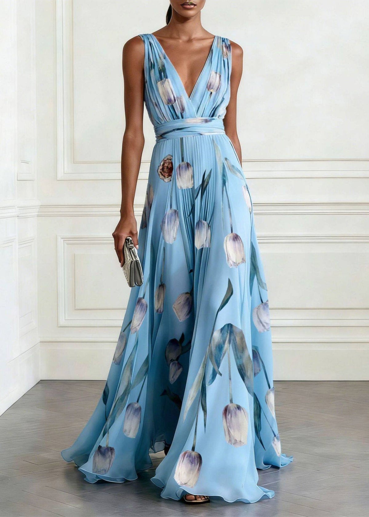 Organic Light Blue V Neck Print Chiffon Maxi Dress