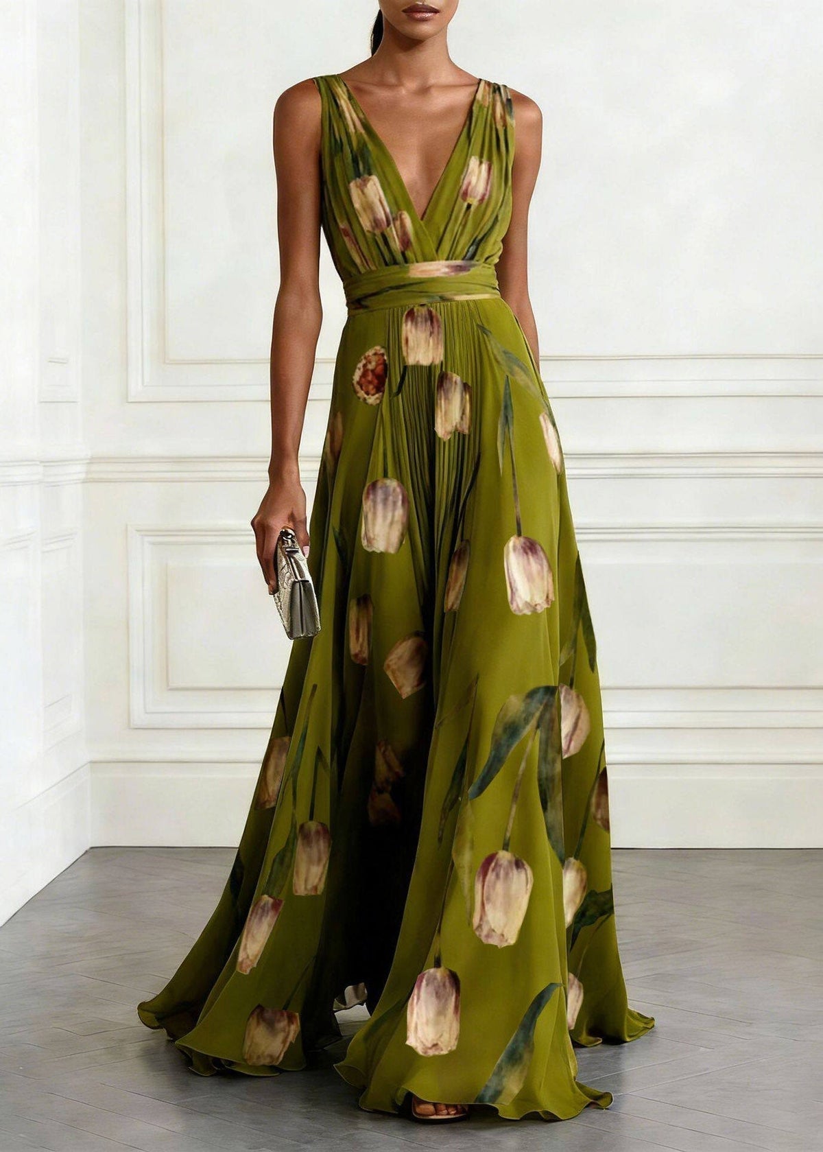 Organic Light Blue V Neck Print Chiffon Maxi Dress - View 5