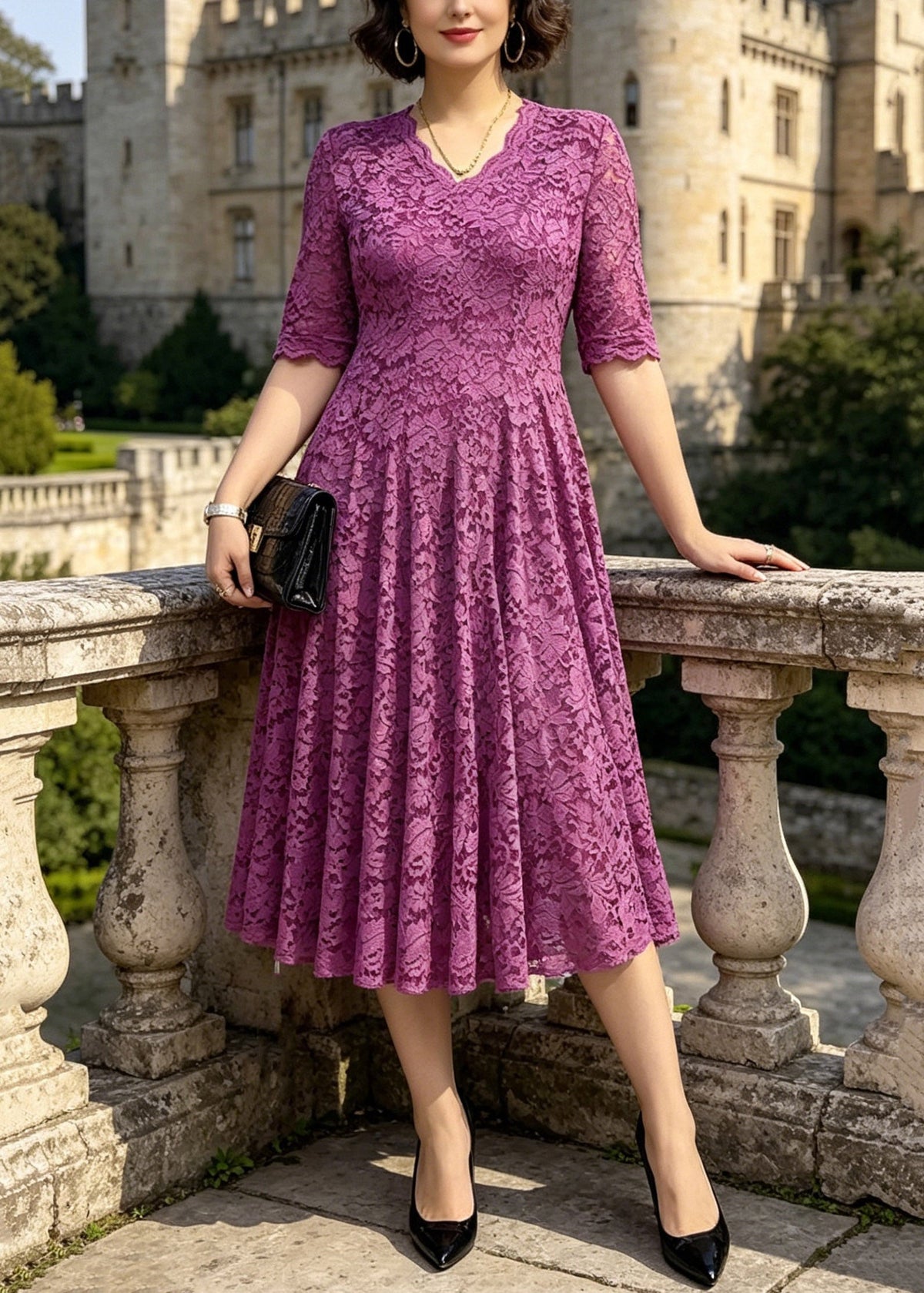 Lace Floral V-Neck Elbow Sleeve Scalloped Trim Midi Dress - View 3