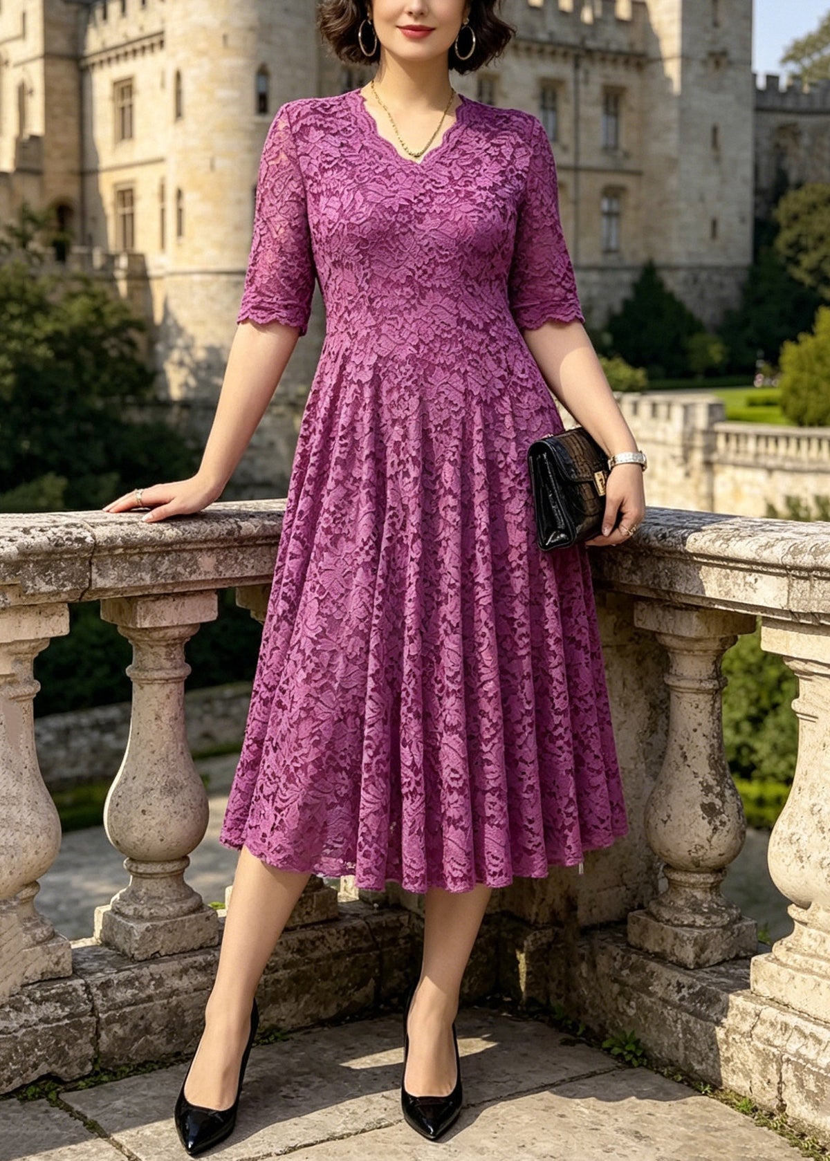 Lace Floral V-Neck Elbow Sleeve Scalloped Trim Midi Dress - View 5