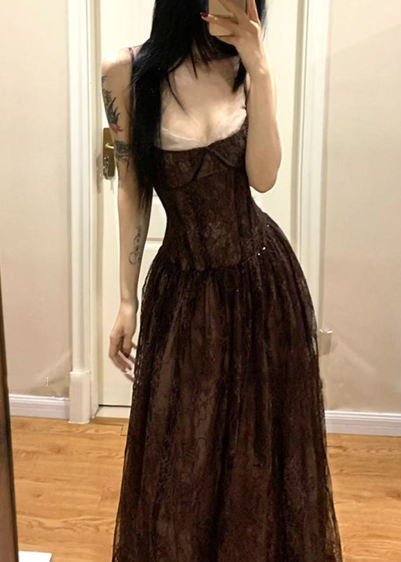 Lace Spaghetti Strap Sweetheart Corset A-Line Maxi Dress