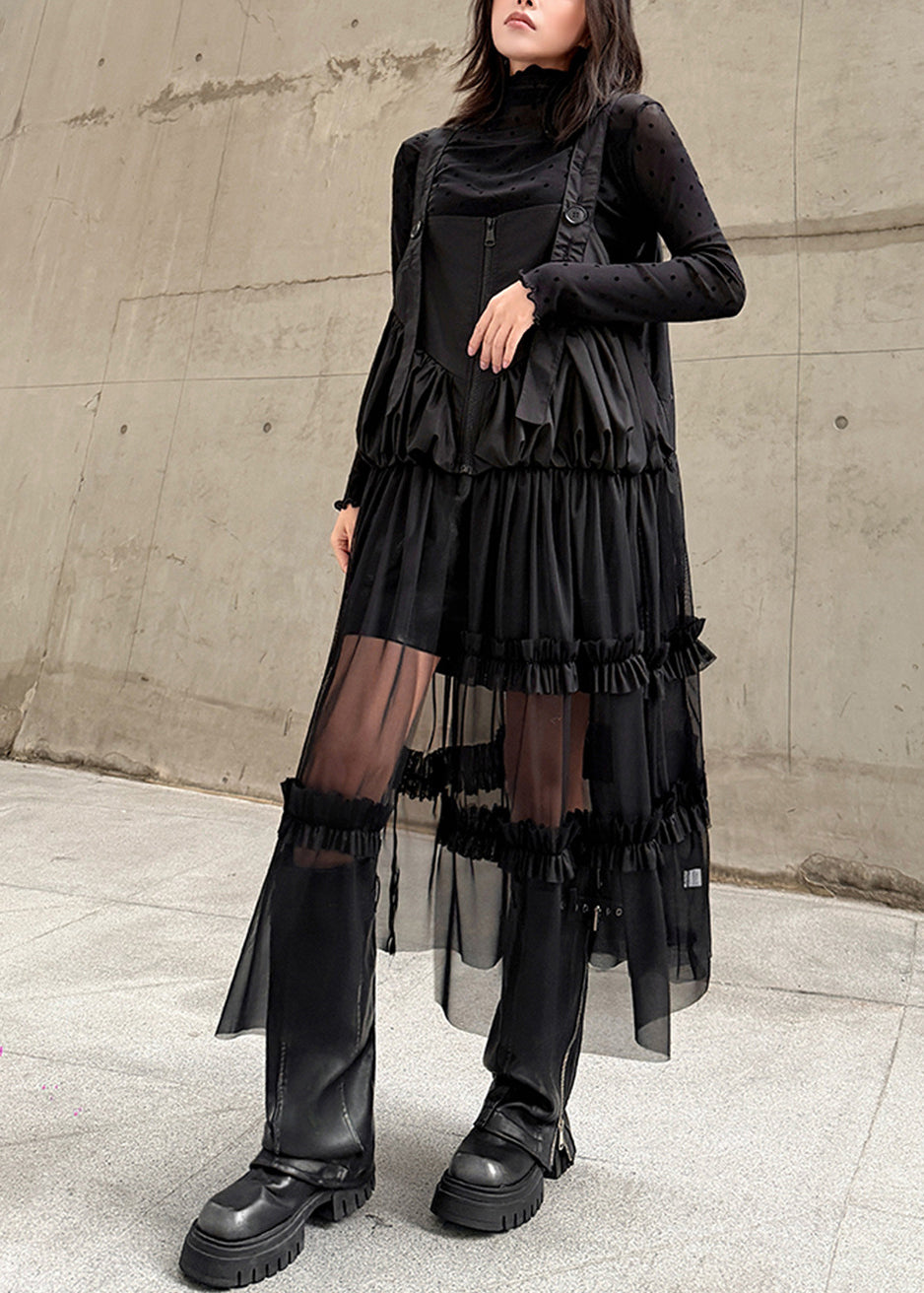 Original Design Black Ruffled Patchwork Tulle Strap Dress - View 3