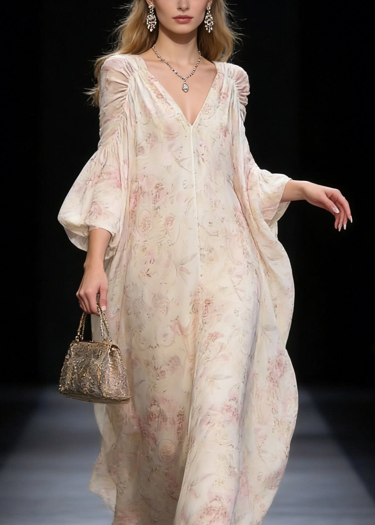 Floral Print Deep V-Neck Bishop Sleeve Ruched Shoulder Maxi Gown - View 2