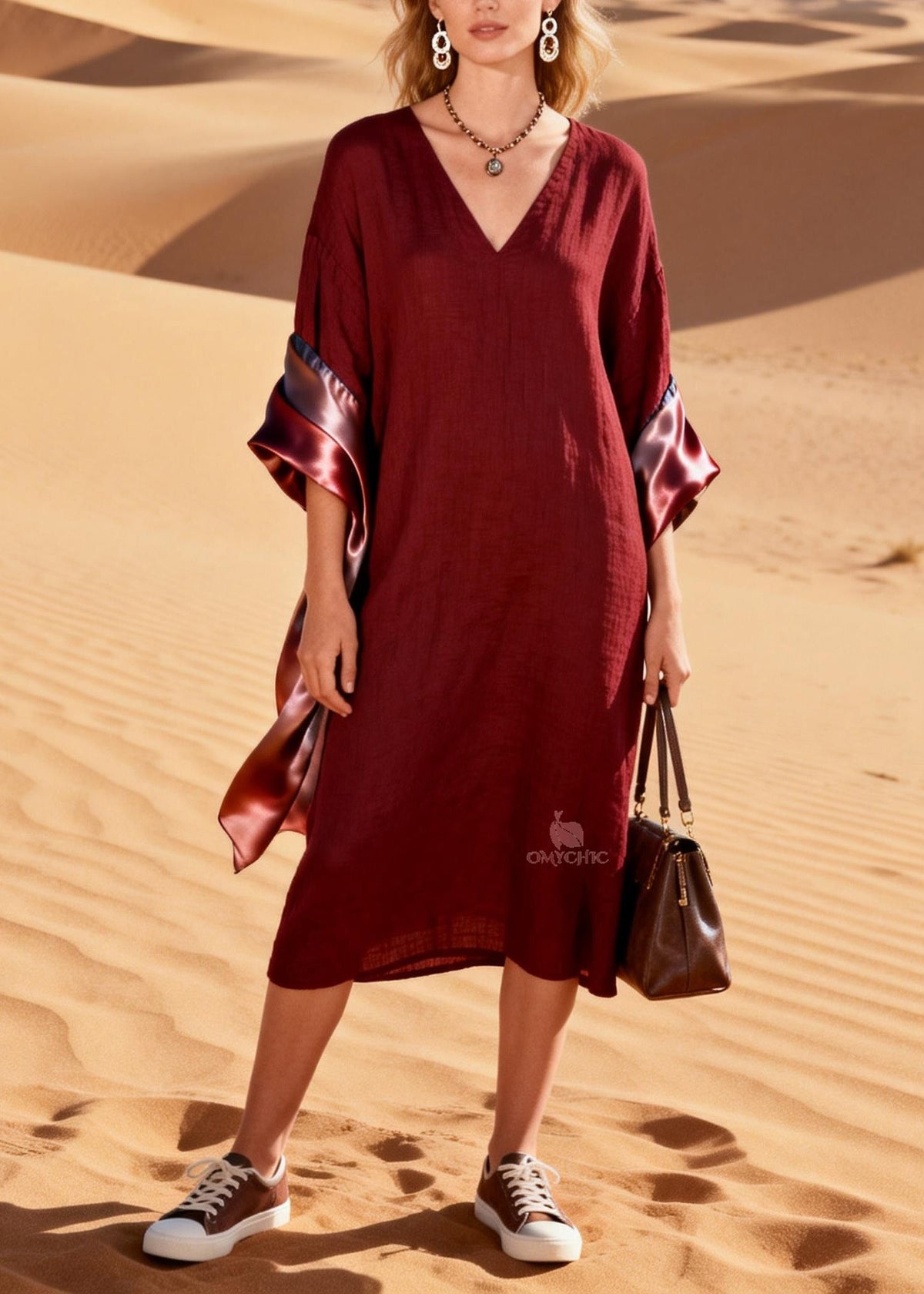 V-Neck Satin Lined Wide Kimono Sleeve Shift Midi Dress