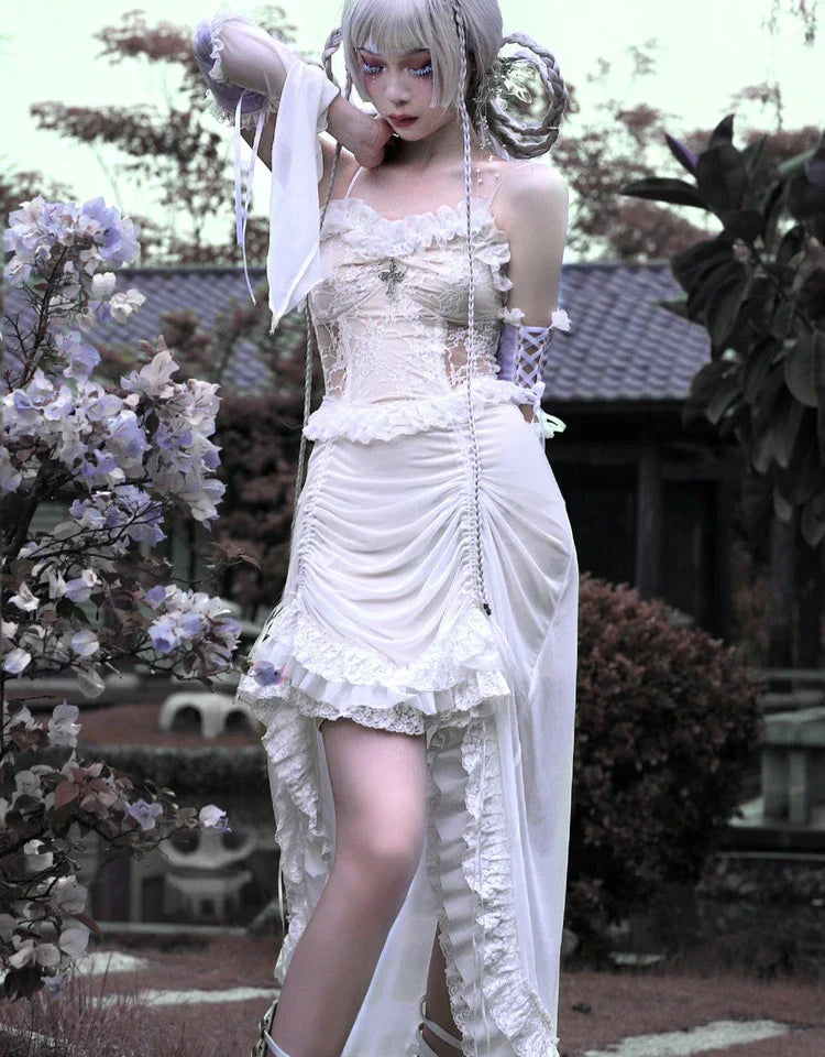 Lace Spaghetti Strap Corset Ruffle High Low Dress