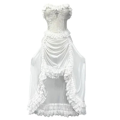 Lace Spaghetti Strap Corset Ruffle High Low Dress - View 8
