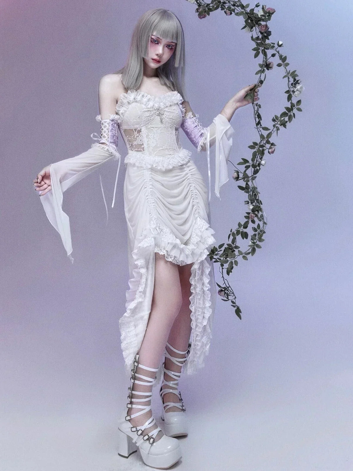 Lace Spaghetti Strap Corset Ruffle High Low Dress - View 4
