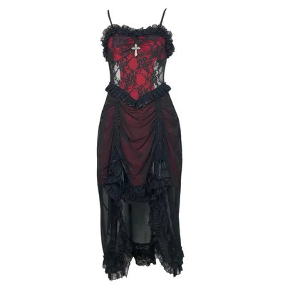 Lace Spaghetti Strap Corset Ruffle High Low Dress - View 6