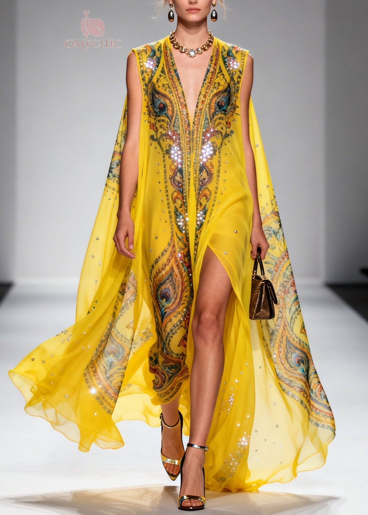 Chiffon Peacock Print Deep V-Neck Cape Sleeve Sequin Trim Maxi Dress