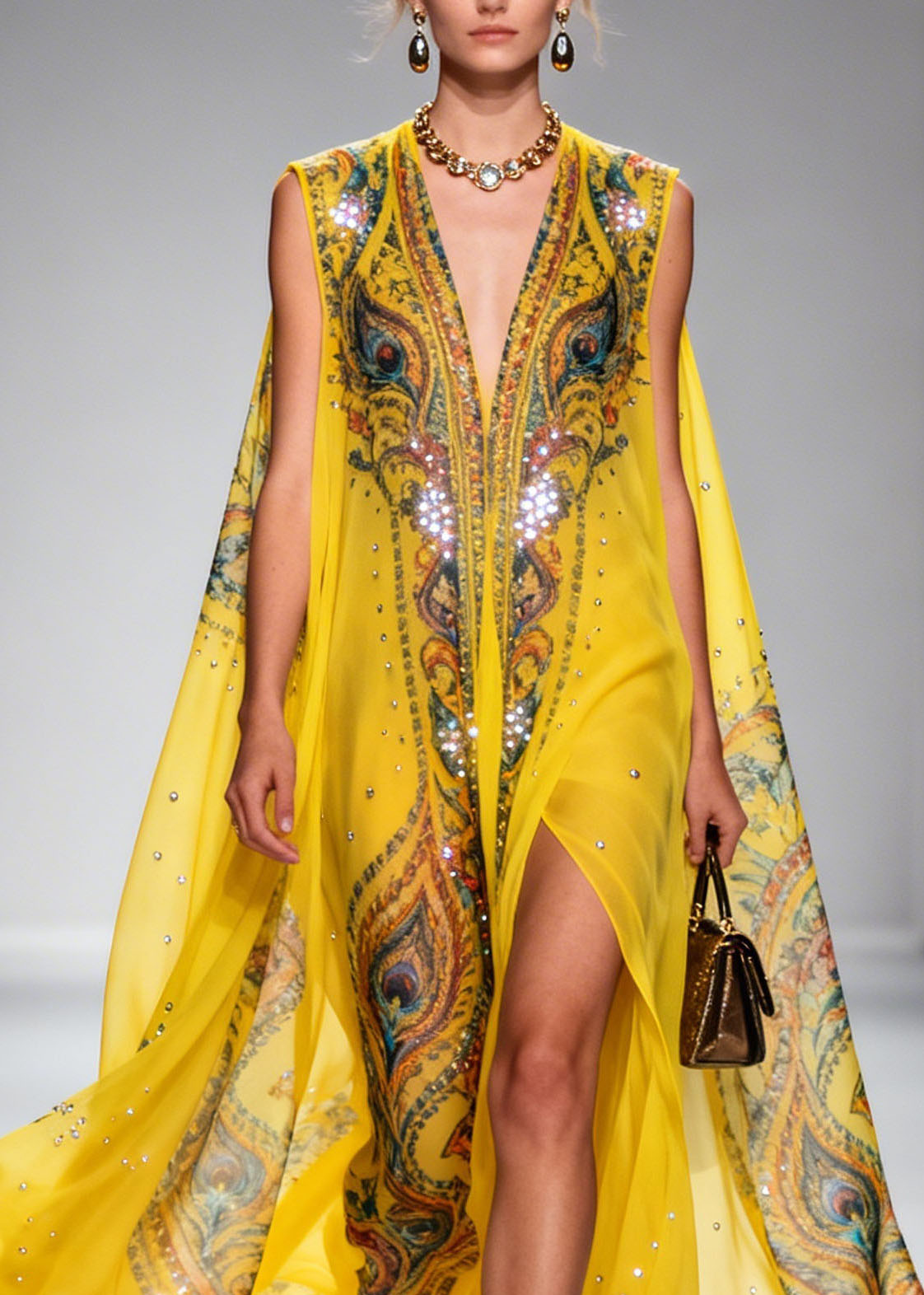 Chiffon Peacock Print Deep V-Neck Cape Sleeve Sequin Trim Maxi Dress - View 2