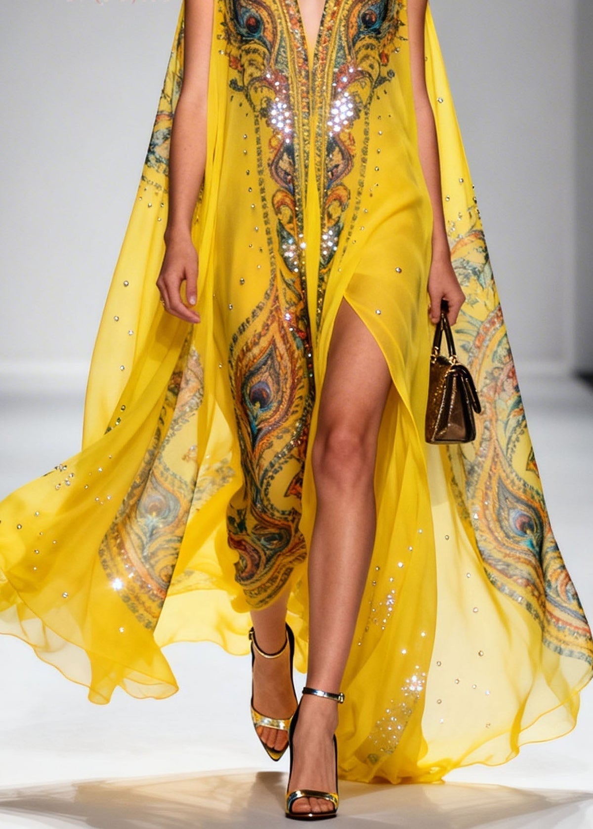 Chiffon Peacock Print Deep V-Neck Cape Sleeve Sequin Trim Maxi Dress - View 4