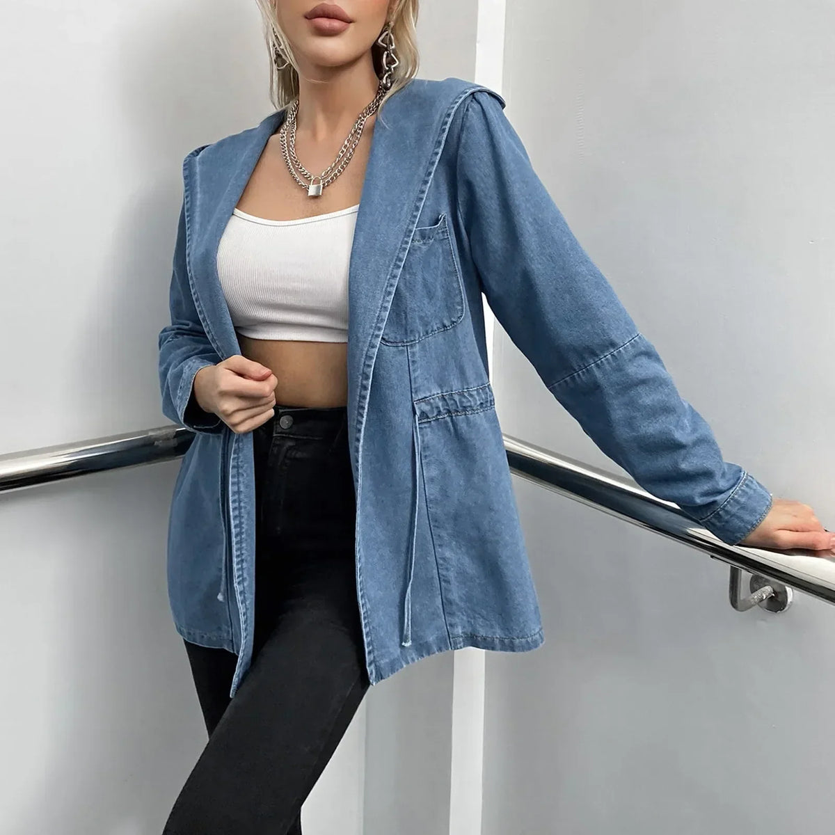Hooded Autumn Winter Lapel Loose Open Front Versatile Short Jacket 3