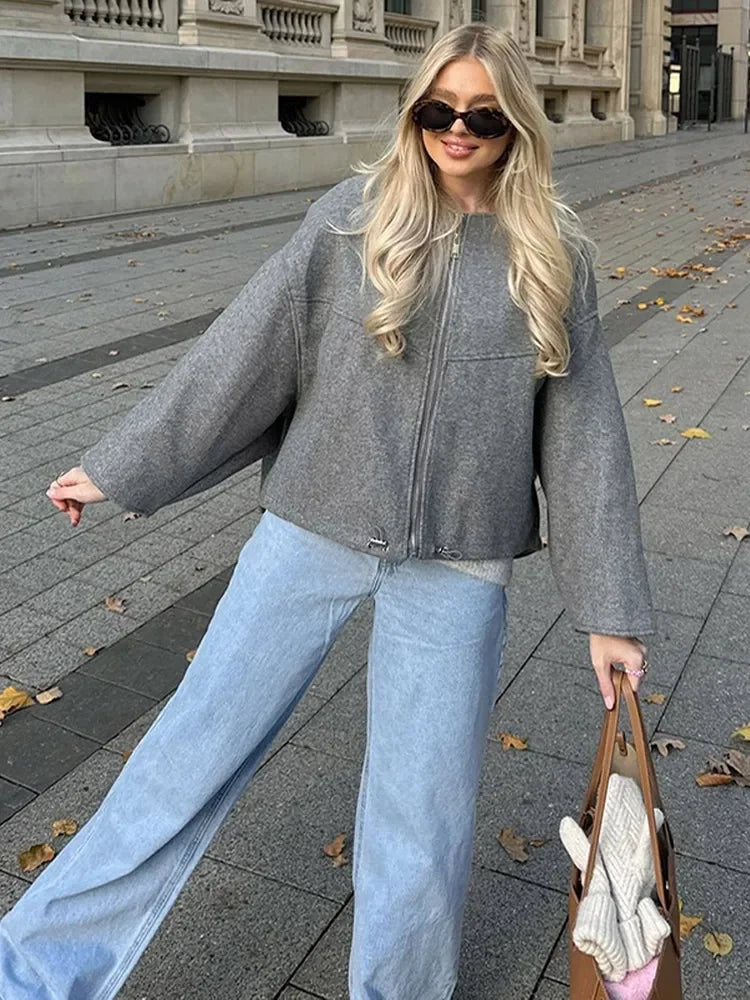 Oversized Grey Drawstring Woolen Coat