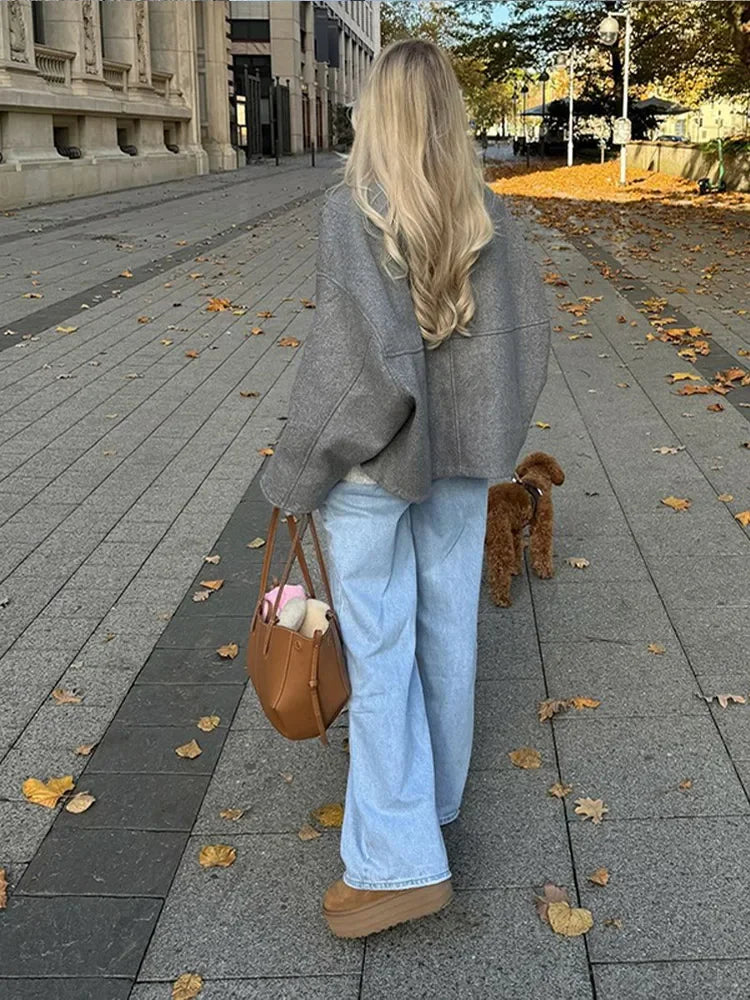 Oversized Grey Drawstring Woolen Coat - Fashionpara