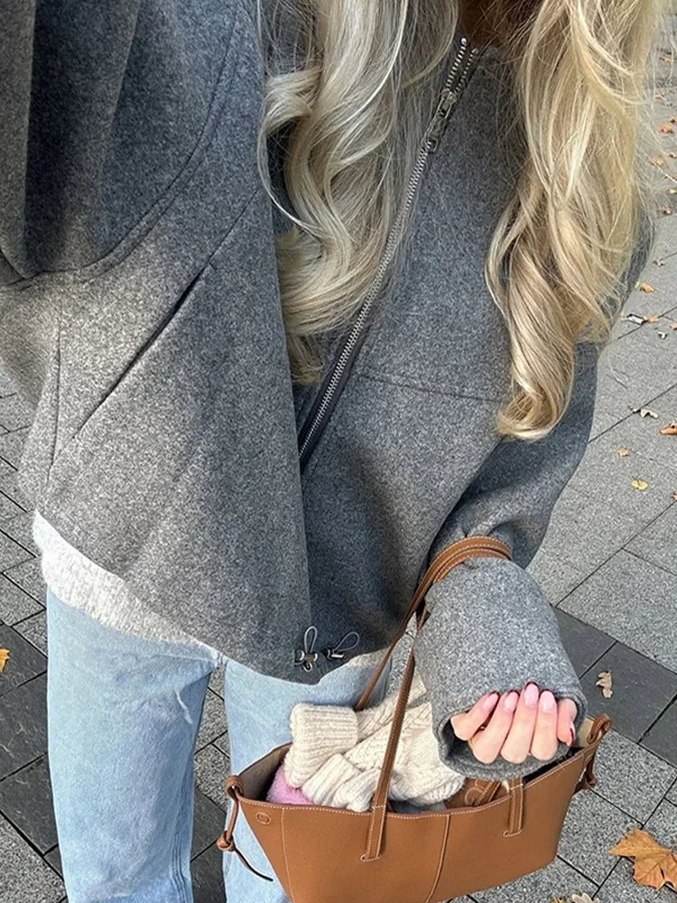 Oversized Grey Drawstring Woolen Coat - Fashionpara