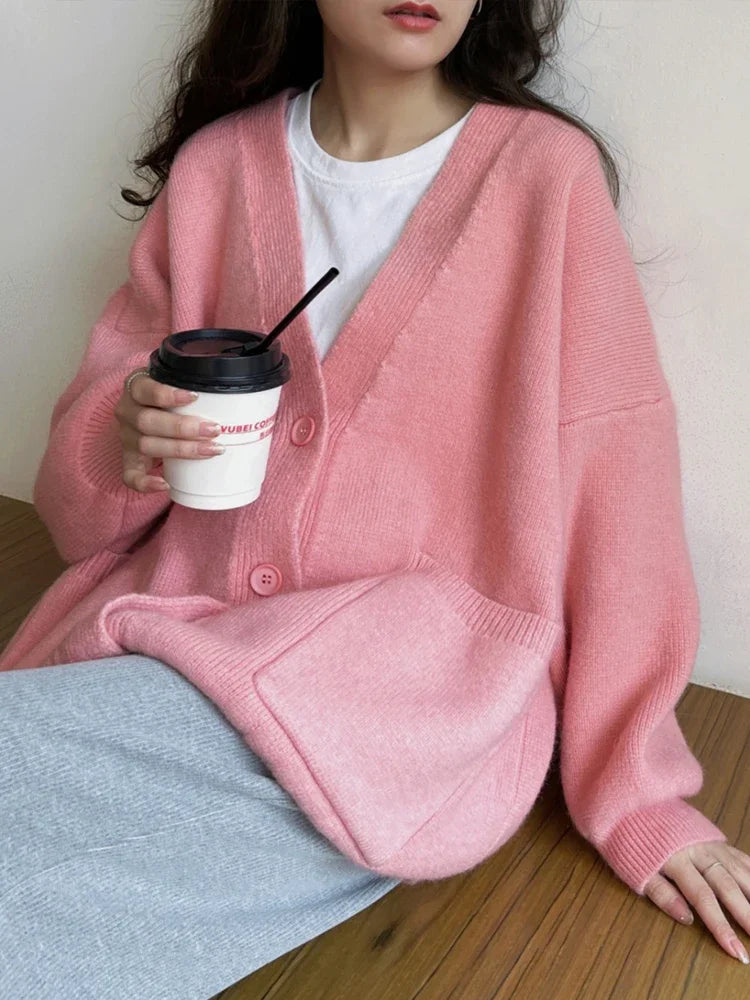 Oversized Preppy V-Neck Knitted Knit Cardigan