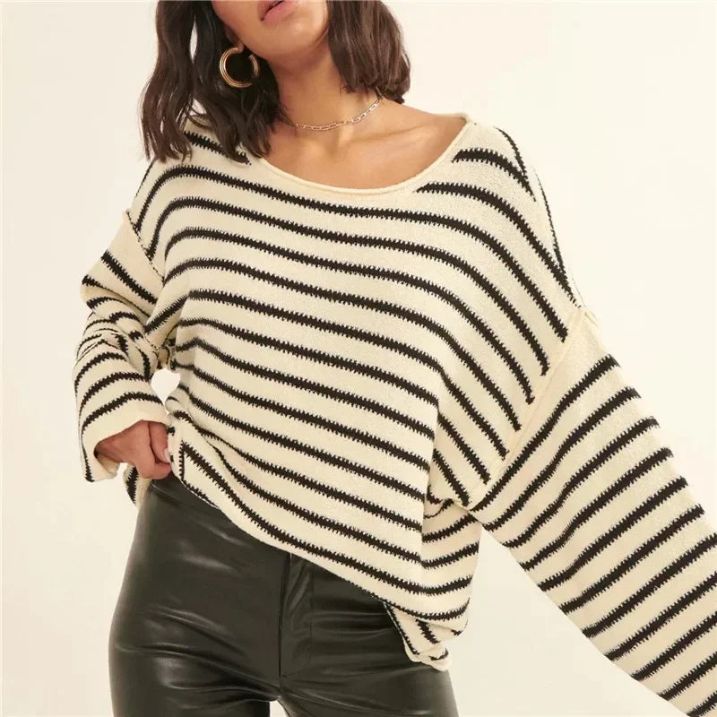 PrincessAce Oversized Striped V-Neck Color Block Sweater