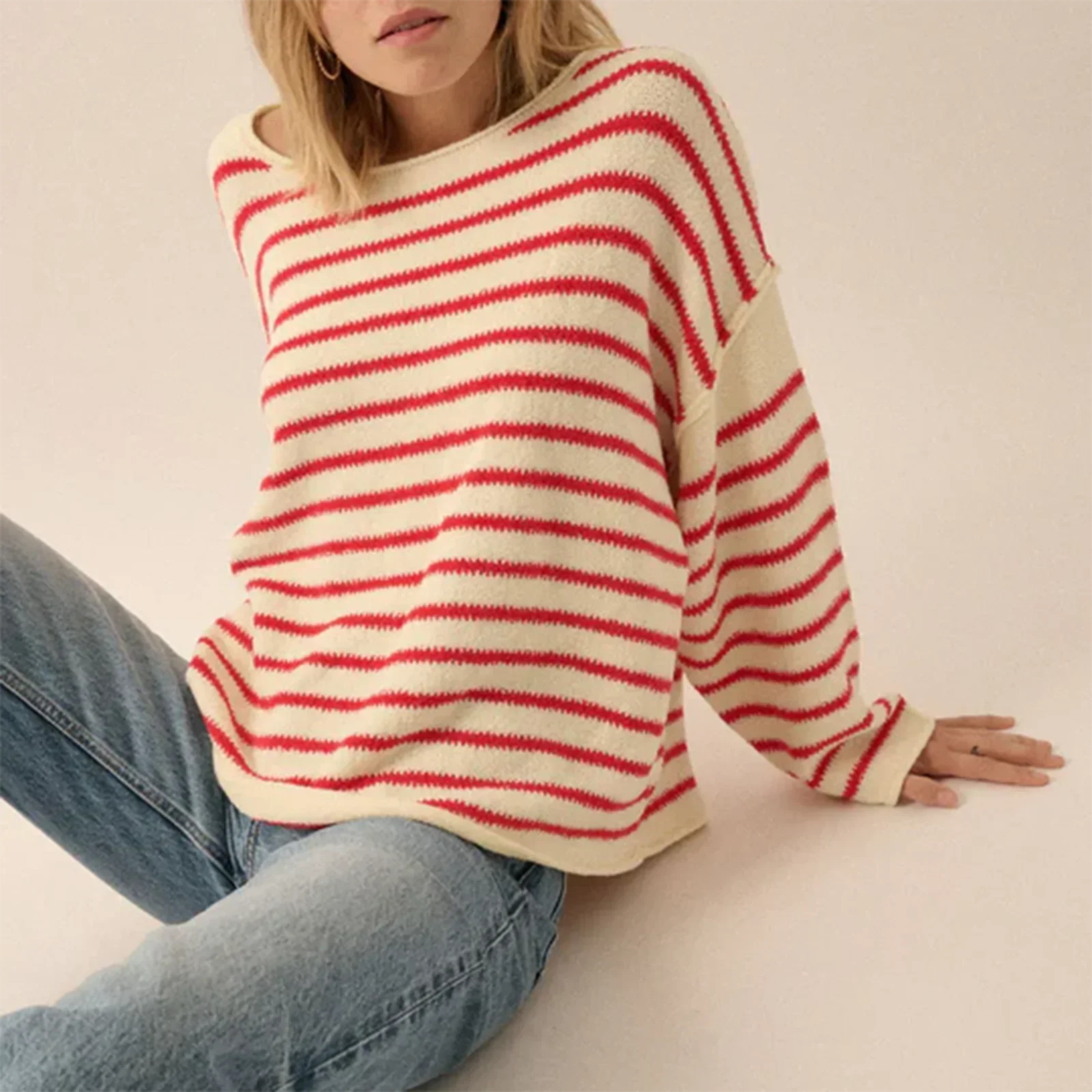 PrincessAce Oversized Striped V-Neck Color Block Sweater