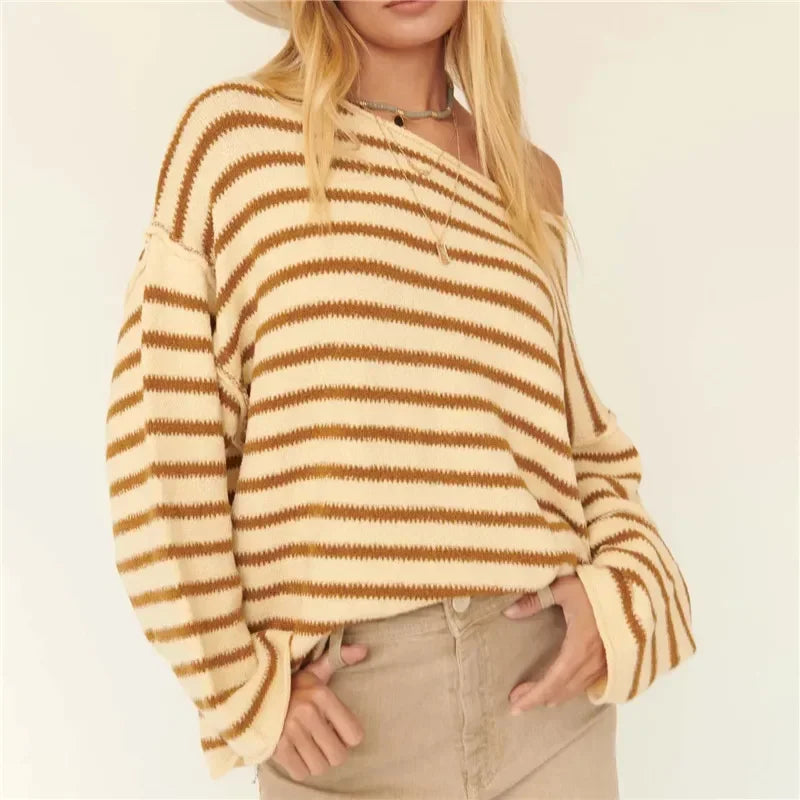 PrincessAce Oversized Striped V-Neck Color Block Sweater