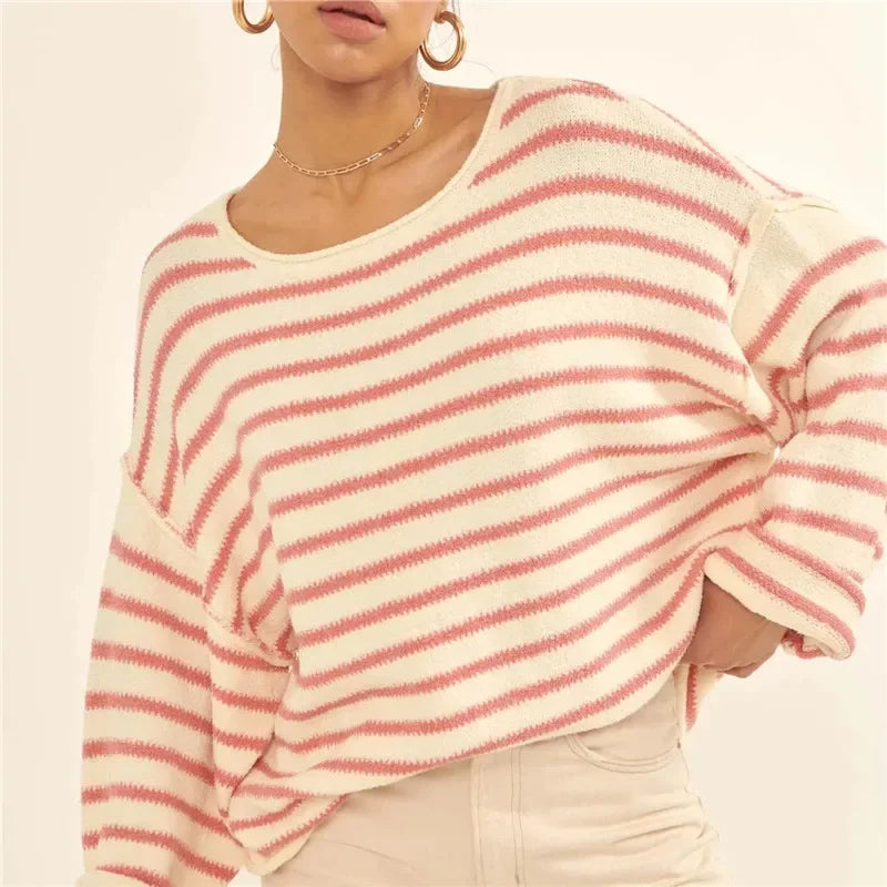 PrincessAce Oversized Striped V-Neck Color Block Sweater
