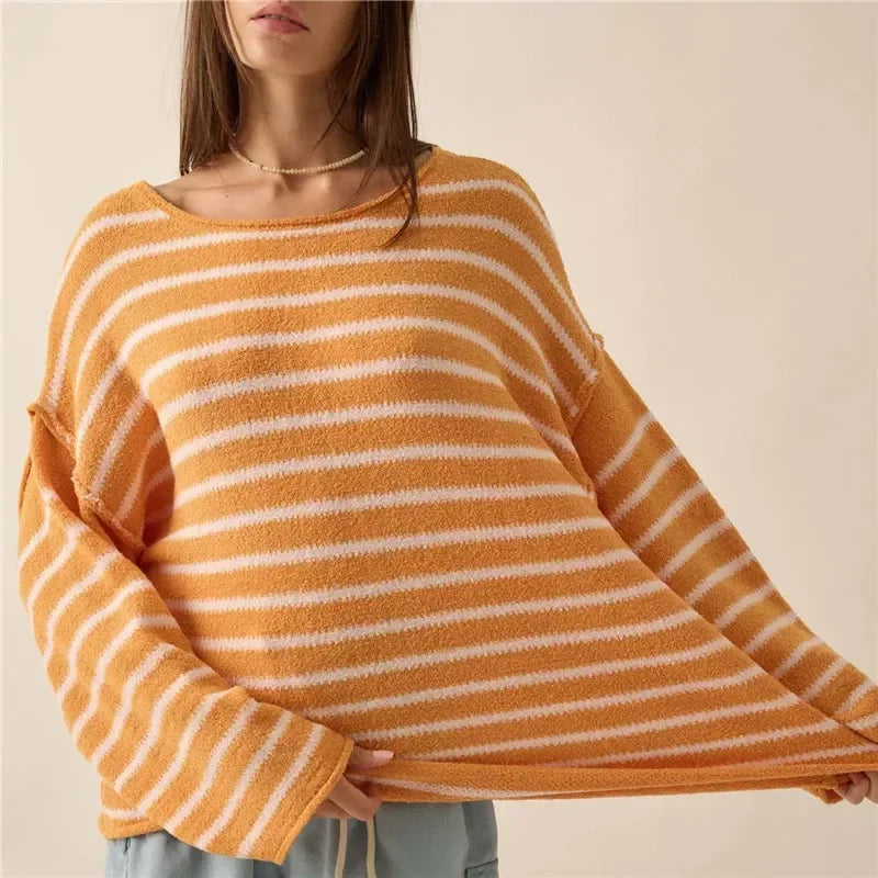 PrincessAce Oversized Striped V-Neck Color Block Sweater