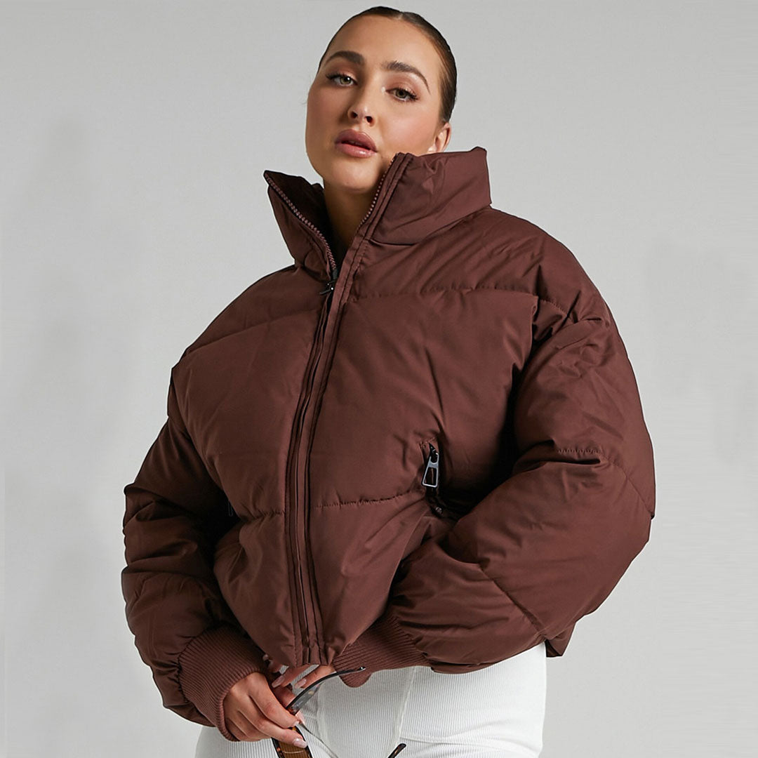 Stand Collar Side Pocket Zip Front Long Sleeve Puffer Jacket - Coffee 2