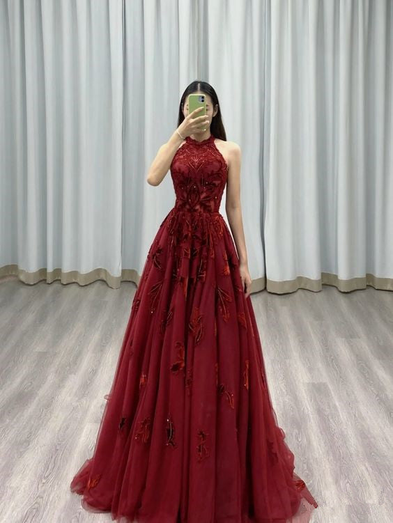 Burgundy Prom Dresses A line Halter Tulle Evening Dresses