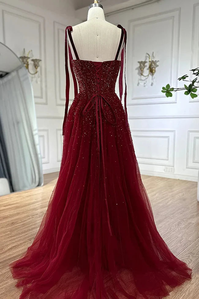 Burgundy Prom Dresses A line Straps Tulle Evening Dresses