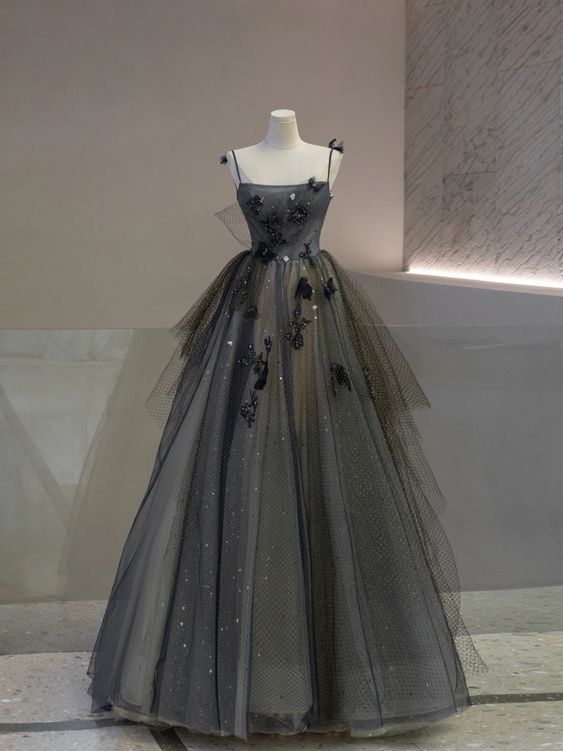 Ball Gown Straps Gray Tulle Long Prom Dress Evening Dresses