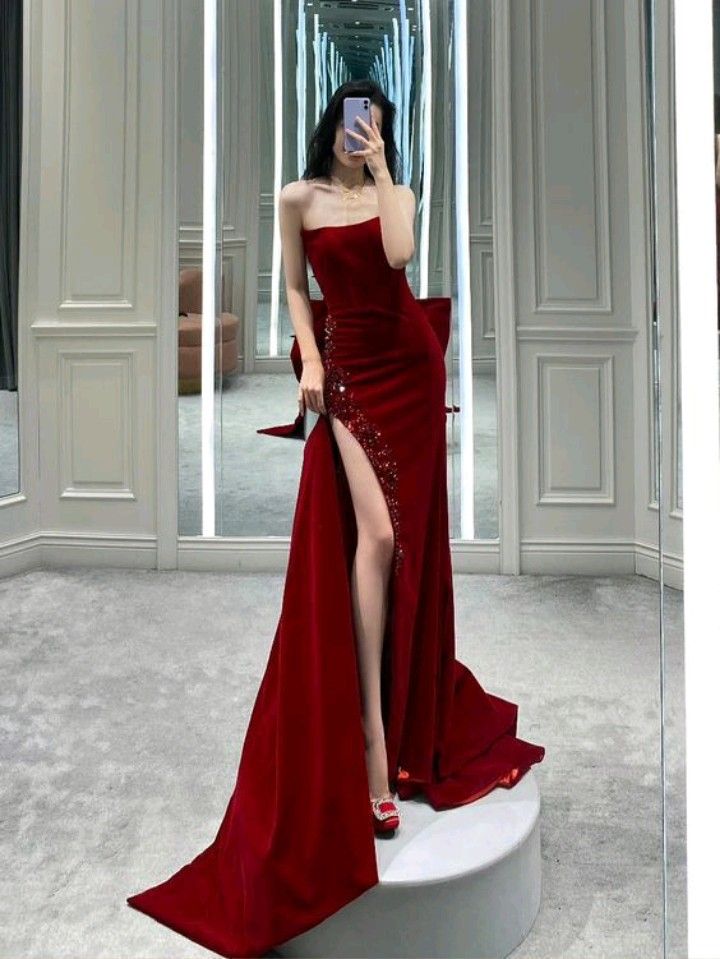 Sexy Mermaid Strapless Red Long Slit Prom Dress Evening Dresses