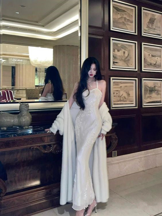 Mermaid Straps Sequin White Prom Dresses Formal Evening Dress