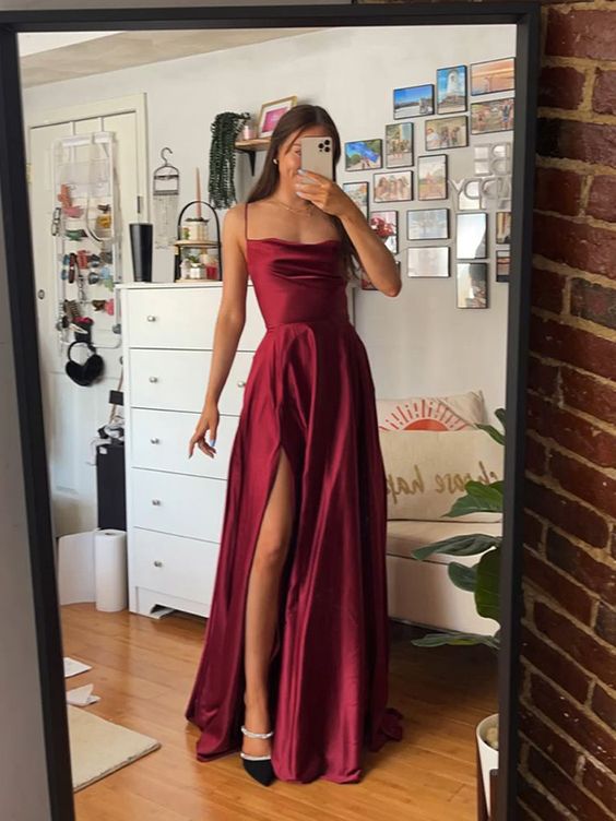 Elegant A line Burgundy Slit Prom Dresses Long Formal Dress