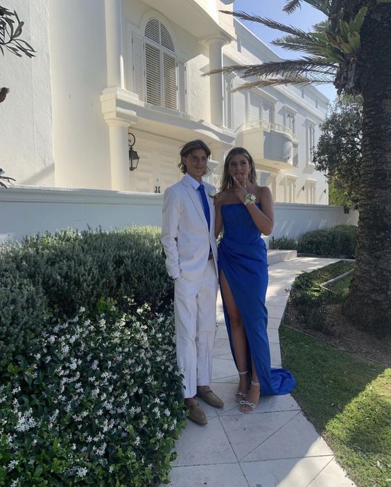 Elegant Sheath Strapless Royal Blue Slit Prom Dresses Formal Dress