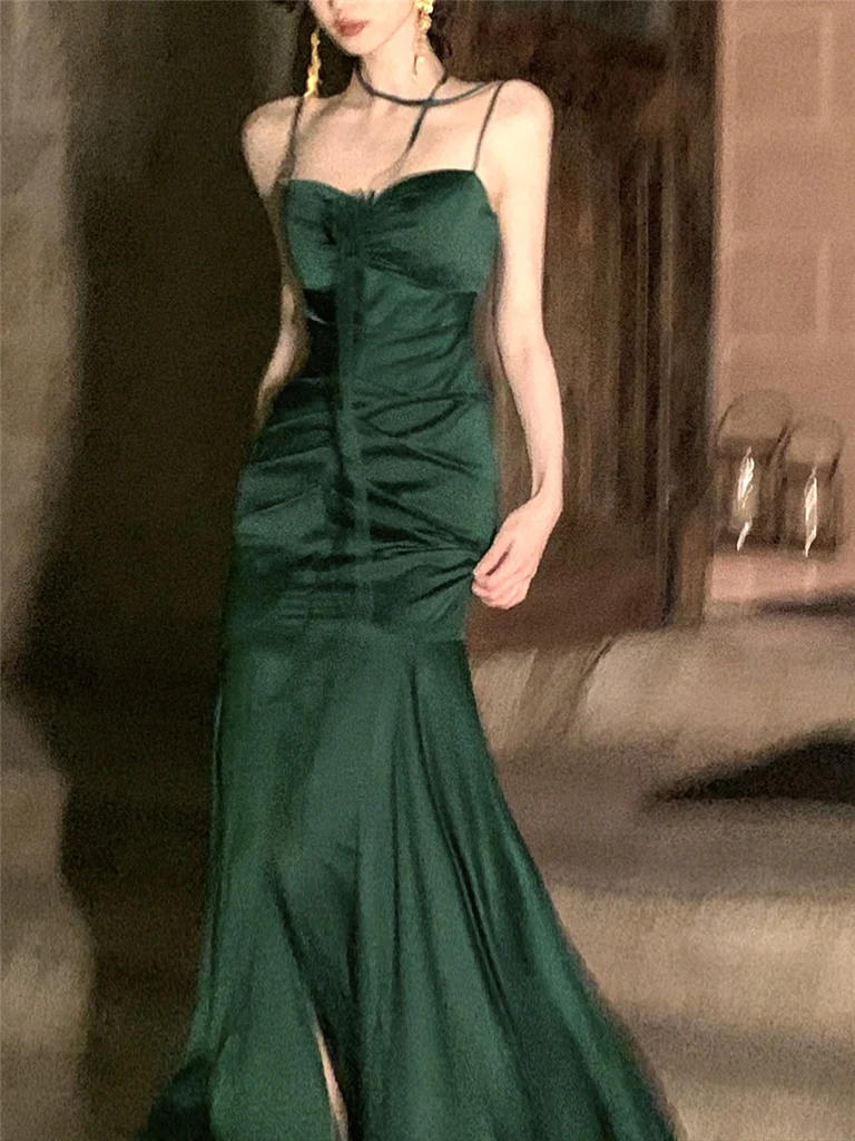 Elegant Mermaid Straps Satin Olive Green Prom Dresses Formal Evening Dress