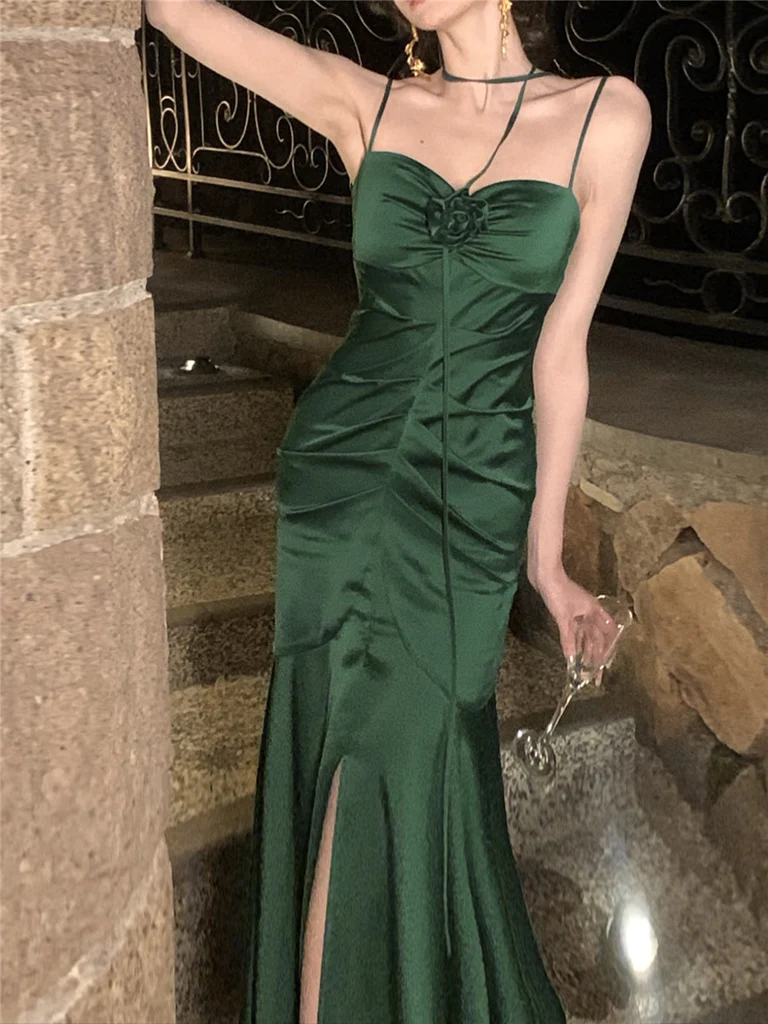 Elegant Mermaid Straps Satin Olive Green Prom Dresses Formal Evening Dress