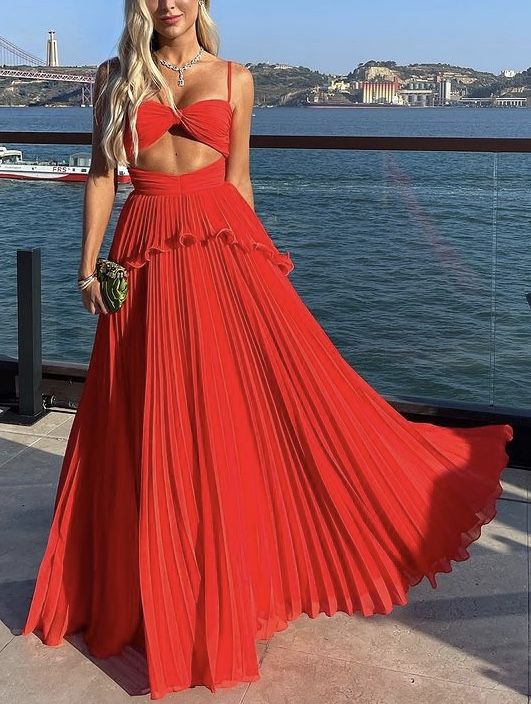 Chiffon Prom Dress Spaghetti Strap Floor Length Sleeveless Formal Evening Dresses