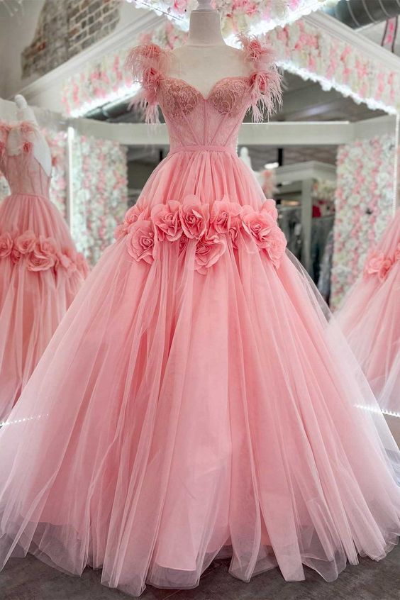 Pink Feather Lace Sweetheart Ball Gown Prom Dress with 3D Floral Lace