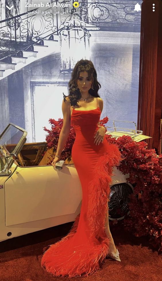 Sexy Mermaid Straps Sleeveless Long Red Prom Dress With Feather