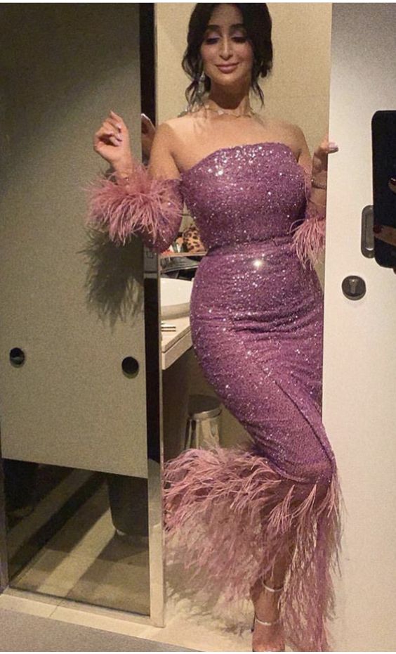 Sexy Mermaid Strapless Sequin Lilac Prom Dress With Feather
