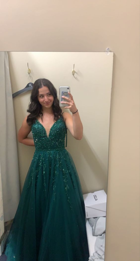 A Line Straps Dark Green Prom Dresses Appliqued Beaded Formal Dress