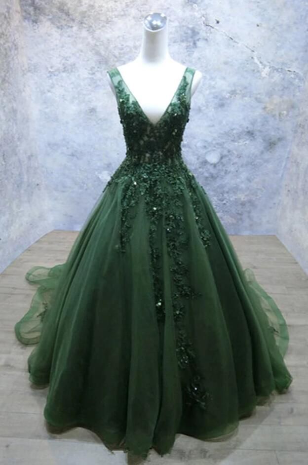 Dark Green A Line Backless Prom Dresses V Neck Appliqued Beaded Formal Dress