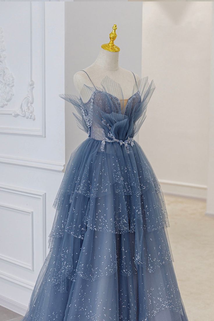 Vintage Blue Tulle Beaded Long Senior Prom Dress A-Line Blue Formal Dress