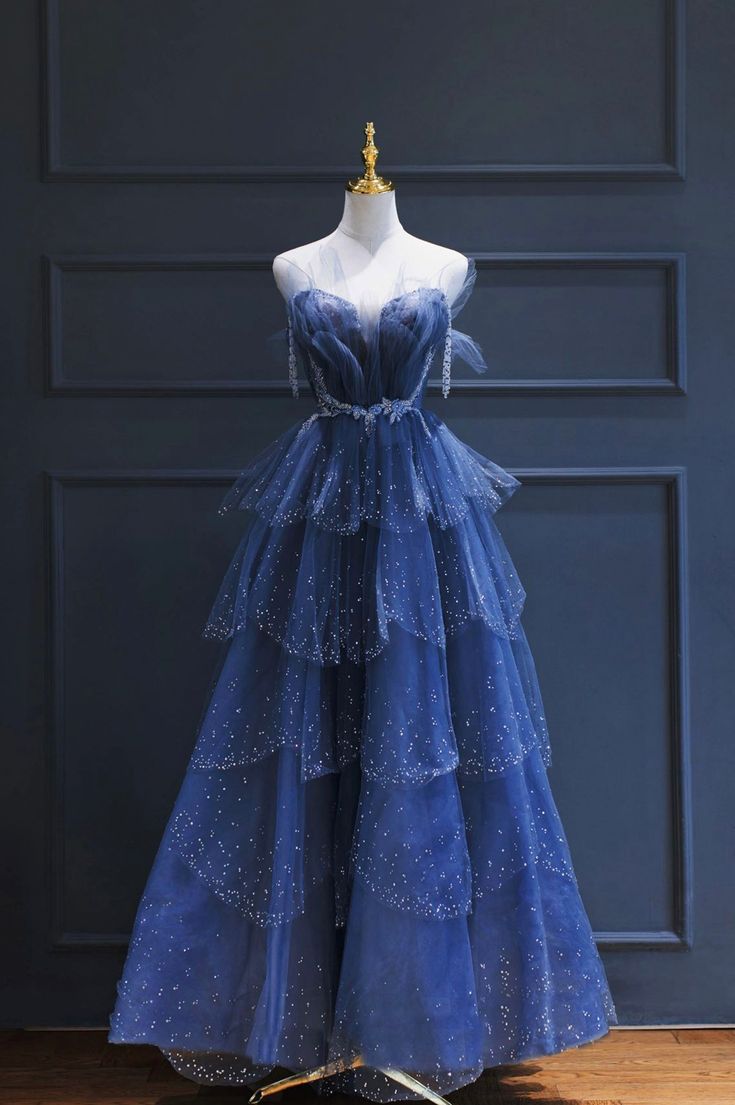 Vintage A-Line Blue Tulle Beaded Long Senior Prom Dress Formal Dress