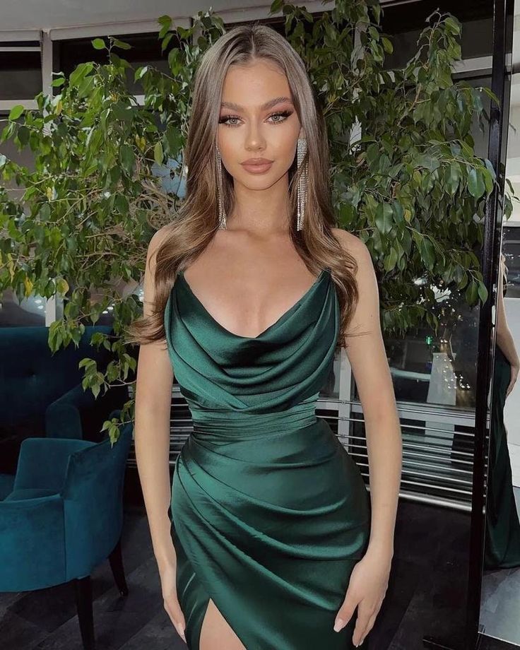Sexy Mermaid Straps Long Dark Green Slit Prom Dress Evening Dress